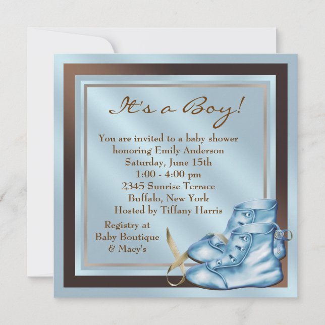 Invitación Blue Brown Baby Shoes Blue Brown Baby Boy Shower (Anverso)