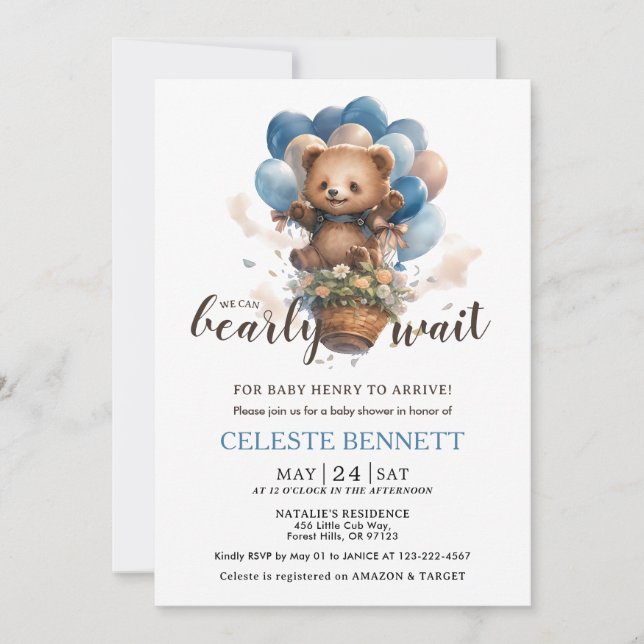 Invitación Blue Brown Balloon Bear Baby Shower Invitation (Anverso)