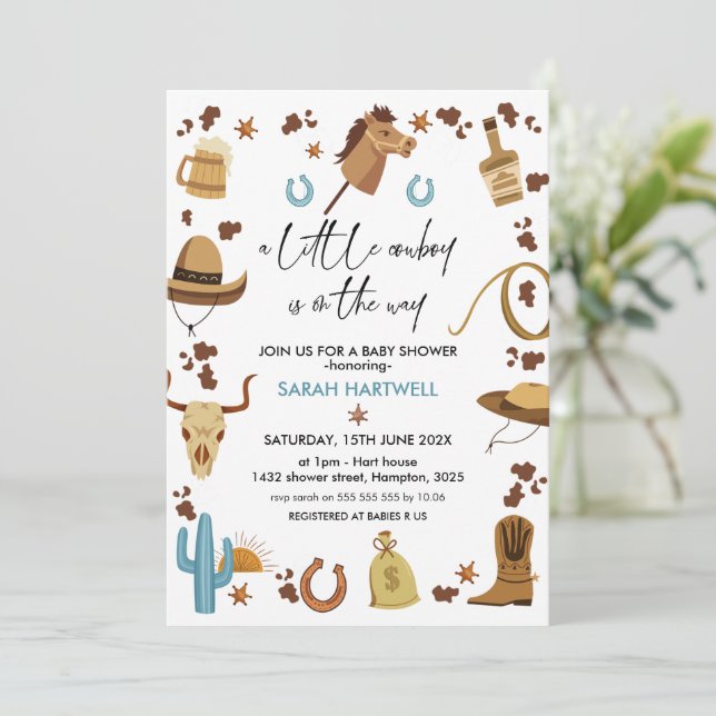 Invitación Blue Brown Boys Little Cowboy Baby Shower (Anverso de pie)
