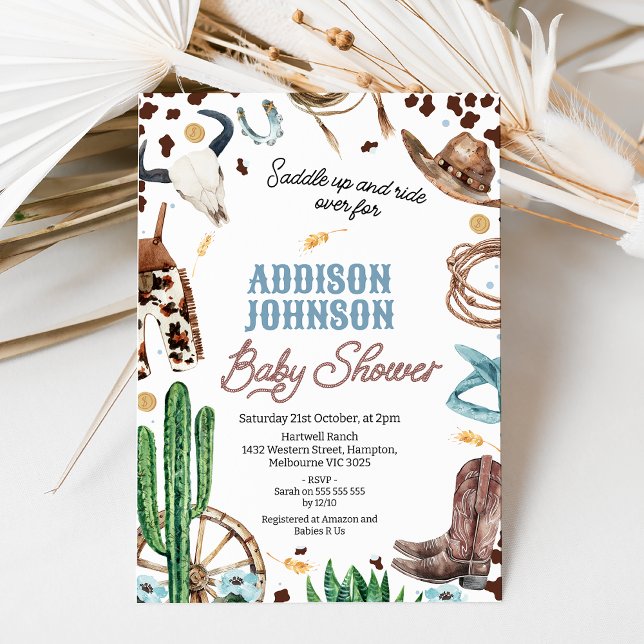 Invitación Blue Brown Boys Western Rodeo Baby Shower (Baby Boys Rodeo baby Shower Invitation, Western Baby Shower Invitation, Boys Wild West Baby Shower)
