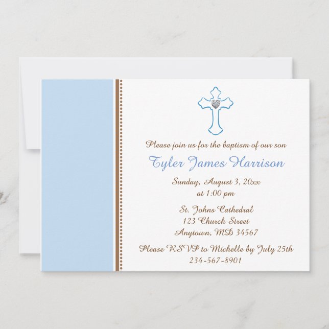 Invitación Blue Brown Cross Baby Boy Baptism / Christening (Anverso)
