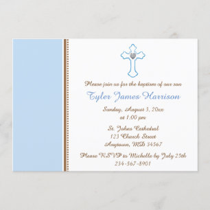 Invitación Blue Brown Cross Baby Boy Baptism / Christening