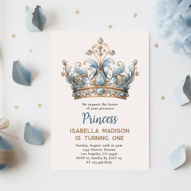 Invitación Blue Brown Princess Crown Fiesta de primer cumplea (Subido por el creador)