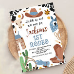 Invitación Blue Brown Saddle Up First Rodeo Primer Cumpleaños<br><div class="desc">Invitación de primer cumpleaños de Blue Brown Saddle Up First Rodeo Invitación de primer rodeo Invitación de niño Cute primera invitación de primer cumpleaños con botas de vaquero,  gorra de vaquero,  algunas cuerdas,  cactus,  placa de sheriff y patrón de impresión de vaca negra.</div>