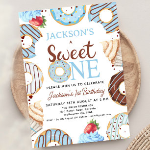 Invitación Blue Brown Sweet One Donut Birthday
