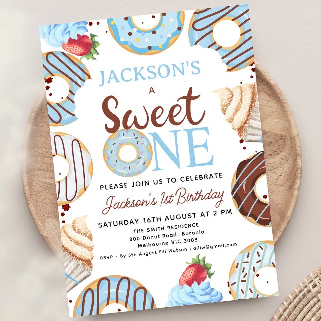 Invitación Blue Brown Sweet One Donut Birthday (Editable Boys Donut Sweet One Birthday Party Invitation Template. Printable Boys 1st Birthday Donut)