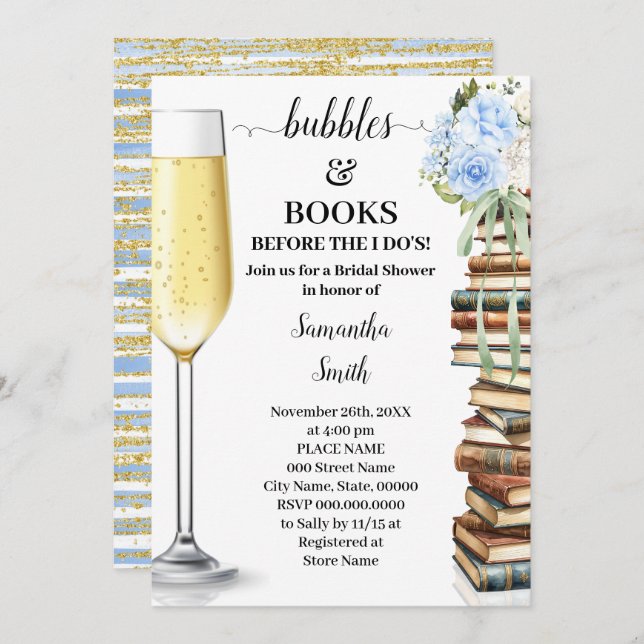 Invitación Blue Bubbles & Books Before I do Bridal Shower (Anverso / Reverso)