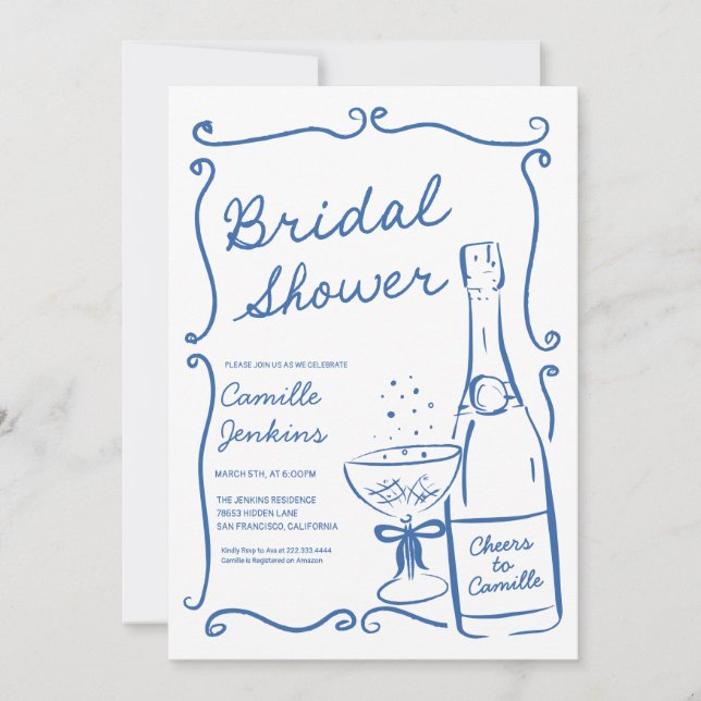 Invitación Blue Bubbly Bridal Shower Champagne Brunch Invite (Anverso)
