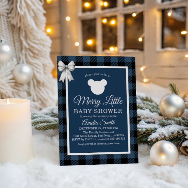 Invitación Blue Buffalo Plaid Merry Little Bear Baby Shower (Subido por el creador)