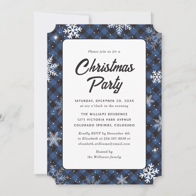 Invitación Blue Buffalo Plaid Snowflake Christmas Party (Anverso)