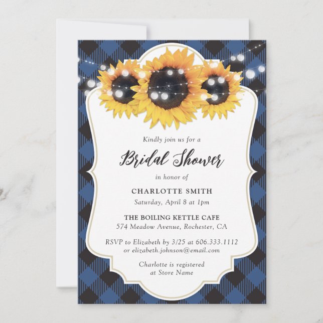Invitación Blue Buffalo Plaid Sunflower Bridal Shower (Anverso)