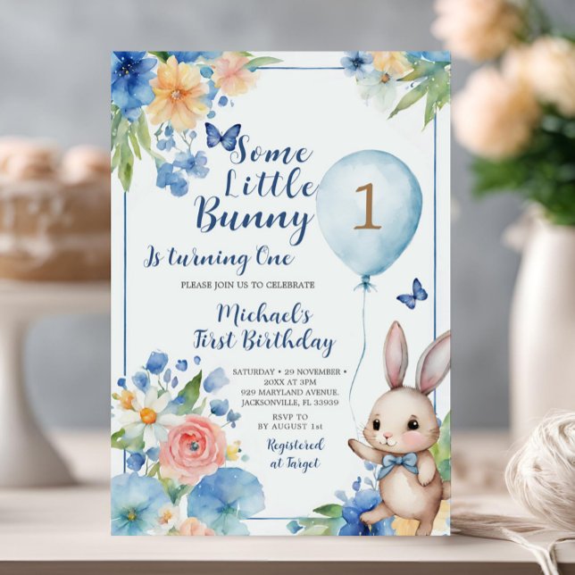 Invitación Blue Bunny Easter Birthday Colorful Floral (Subido por el creador)