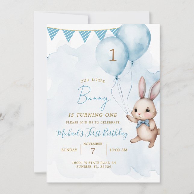 Invitación Blue Bunny Easter Birthday Party (Anverso)
