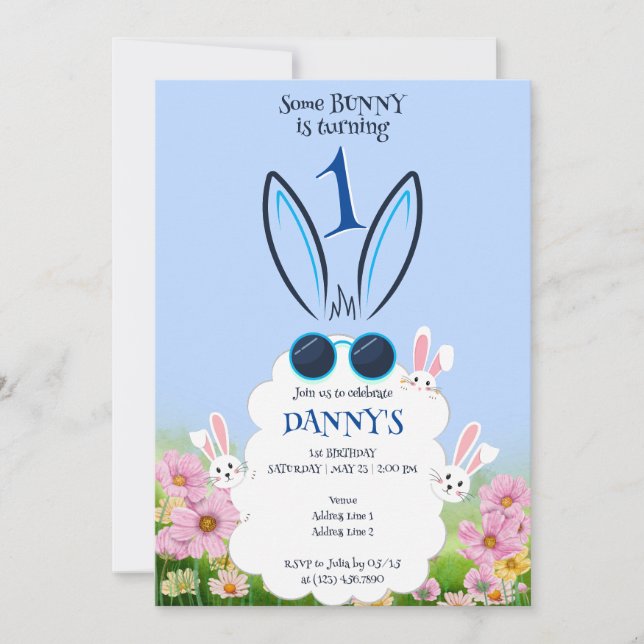 Invitación Blue Bunny Flower Garden Primavera Cumpleaños (Anverso)