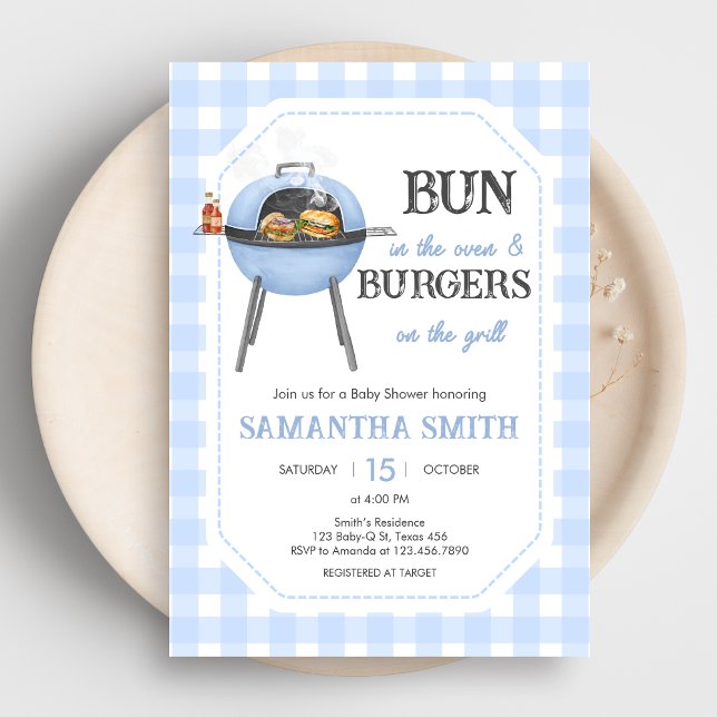 Invitación Blue Burger BBQ Baby Shower (Bun and Burgers Baby Shower Invitation)