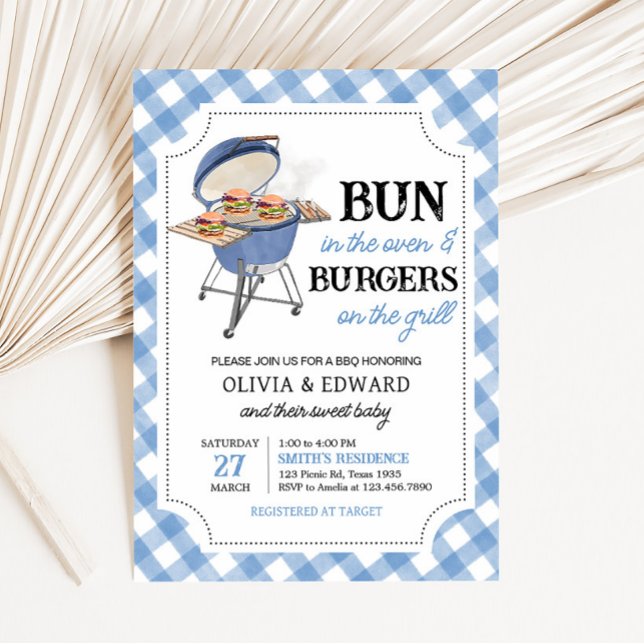 Invitación Blue Burger BBQ Baby Shower (Boy Backyard BBQ Baby Shower Invitation)