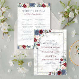 Invitación Blue Burgundy Blush Gold Floral Details Wedding