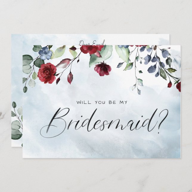 Invitación Blue Burgundy Floral Watercolor Script Bridesmaid (Anverso / Reverso)
