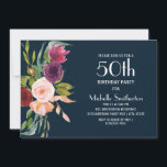 Invitación Blue Burgundy Rubor Floral 50 cumpleaños<br><div class="desc">Elegante invitación de fiesta de cumpleaños 50 años,  azul marino,  burdeos y color boho rosa claro,  con formato horizontal para mujeres. Esta invitación es completamente personalizable cuando usas las herramientas de diseño de Zazzle. Póngase en contacto con nosotros para obtener ayuda sobre la personalización o para solicitar productos coincidentes.</div>