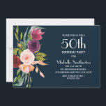 Invitación Blue Burgundy Rubor Floral 50 cumpleaños<br><div class="desc">Elegante invitación de fiesta de cumpleaños 50 años,  azul marino,  burdeos y color boho rosa claro,  con formato horizontal para mujeres. Esta invitación es completamente personalizable cuando usas las herramientas de diseño de Zazzle. Póngase en contacto con nosotros para obtener ayuda sobre la personalización o para solicitar productos coincidentes.</div>