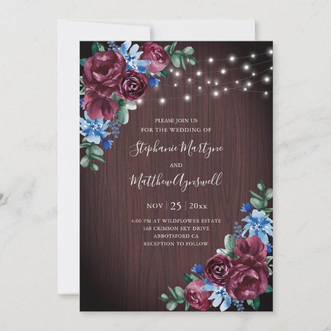 Invitación Blue Burgundy String ilumina Boda de madera floral (Anverso)