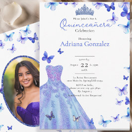 Invitación Blue Butterflies Dress Tiara Photo Quinceanera