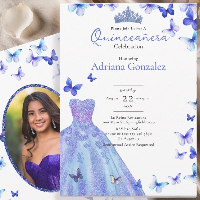Invitación Blue Butterflies Dress Tiara Photo Quinceanera (Subido por el creador)