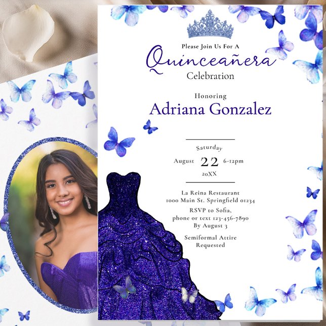 Invitación Blue Butterflies Dress Tiara Photo Quinceanera (Subido por el creador)