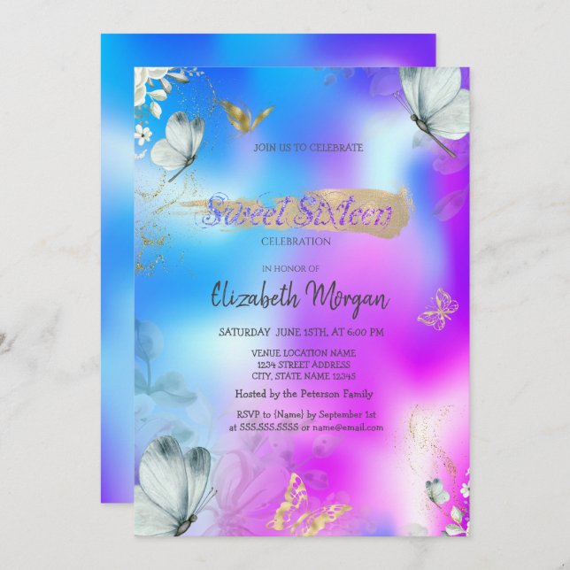Invitación Blue Butterflies Holographic Sweet 16 Birthday  (Anverso / Reverso)