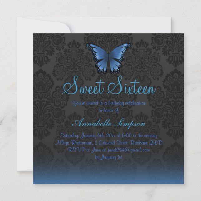 Invitación Blue Butterfly & Damask Sweet16 Invite (Anverso)