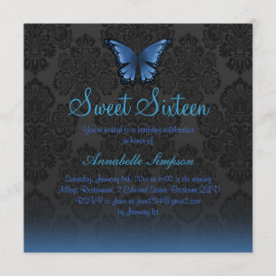 Invitación Blue Butterfly & Damask Sweet16 Invite
