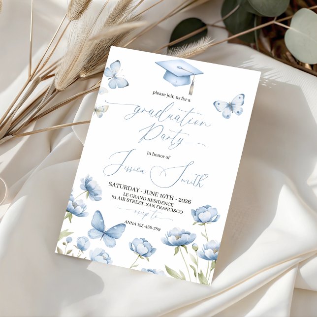 Invitación Blue Butterfly Floral Graduation Invitation (Subido por el creador)