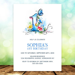 Invitación Blue Butterfly Flowers 1st Birthday Party