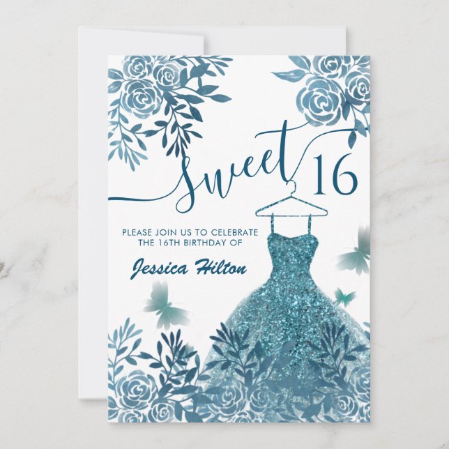 Invitación Blue Butterfly vestido de jardín floral dulce diec (Anverso)