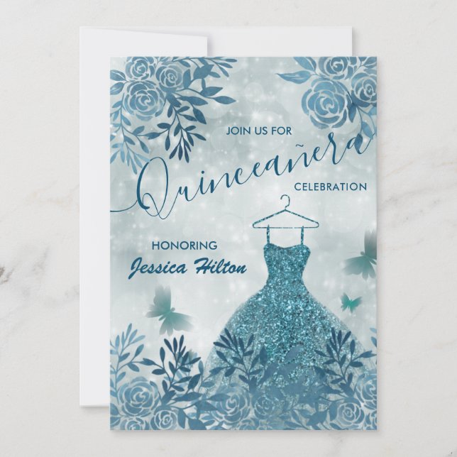 Invitación Blue Butterfly vestido de jardín floral Quinceañer (Anverso)