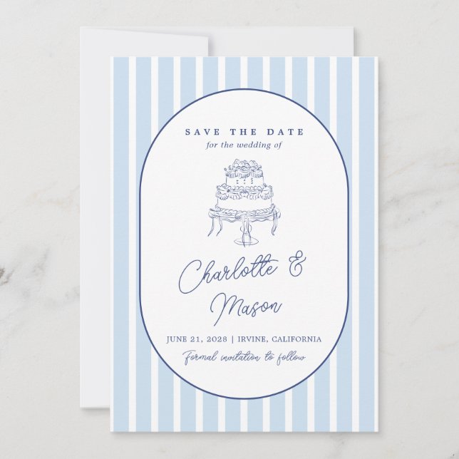 Invitación Blue Cabana Stripe Minimalista Salva la Fecha (Anverso)