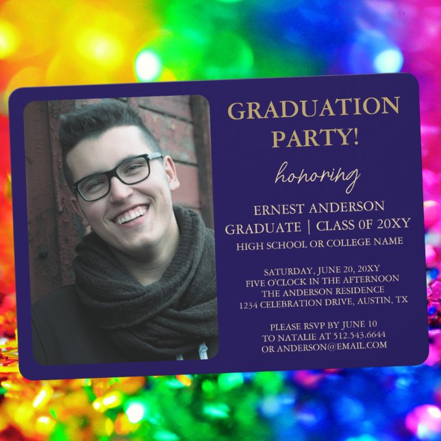 Invitación Blue Calligraphy Modern Photo Graduation Party (Subido por el creador)