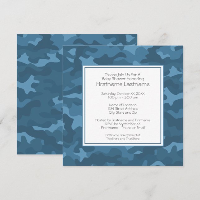 Invitación Blue Camo Baby Boy Ducha o Fiesta (Anverso / Reverso)