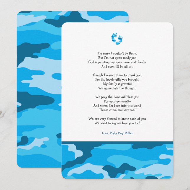 Invitación Blue Camo chica poema baby ducha nota de agradecim (Anverso / Reverso)