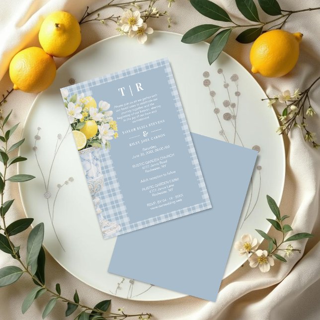 Invitación Blue Chalice Vase Mediterranean Lemons & Flowers (Blue Classic Chalice Vase with Mediterranean Lemons and Flowers Invitation Card Design.)