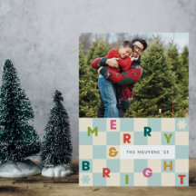 Blue Checkerboard Merry & Bright Christmas Card