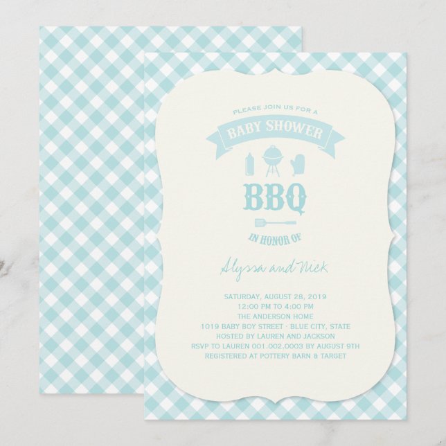 Invitación Blue Checks BBQ Boy Baby Shower Summer Fiesta (Anverso / Reverso)
