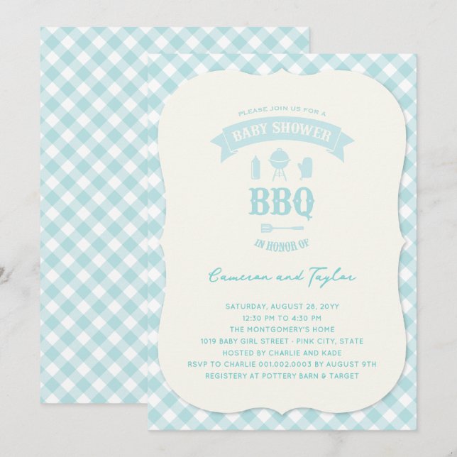 Invitación Blue Checks BBQ Boy Baby Shower Summer Fiesta (Anverso / Reverso)
