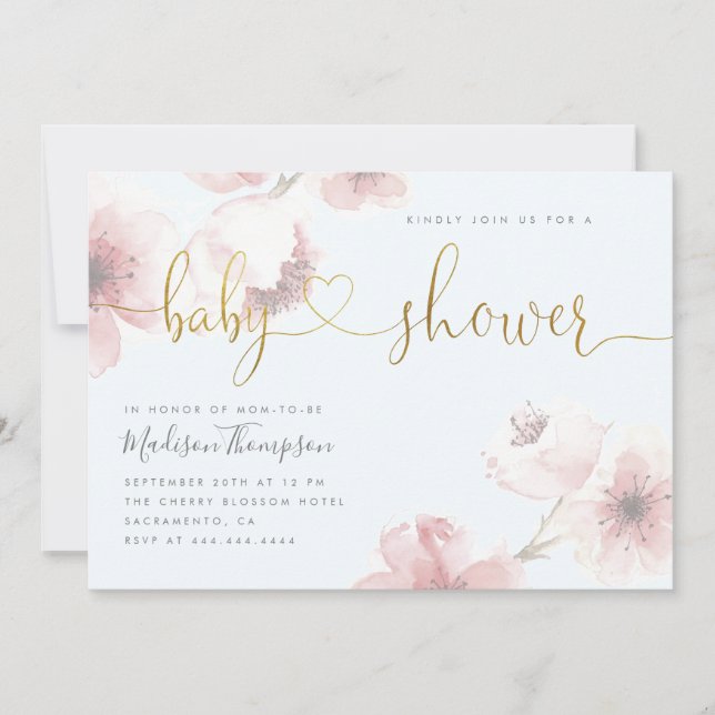 Invitación Blue Cherry Blossom Gold Script Floral Baby Shower (Anverso)