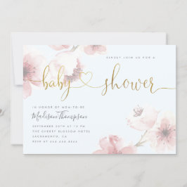 Invitación Blue Cherry Blossom Gold Script Floral Baby Shower