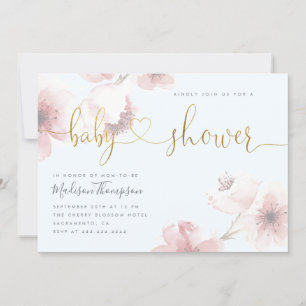 Invitación Blue Cherry Blossom Gold Script Floral Baby Shower