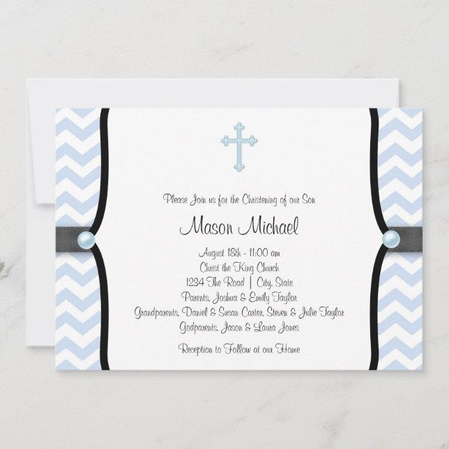 Invitación Blue Chevron Christening (Anverso)