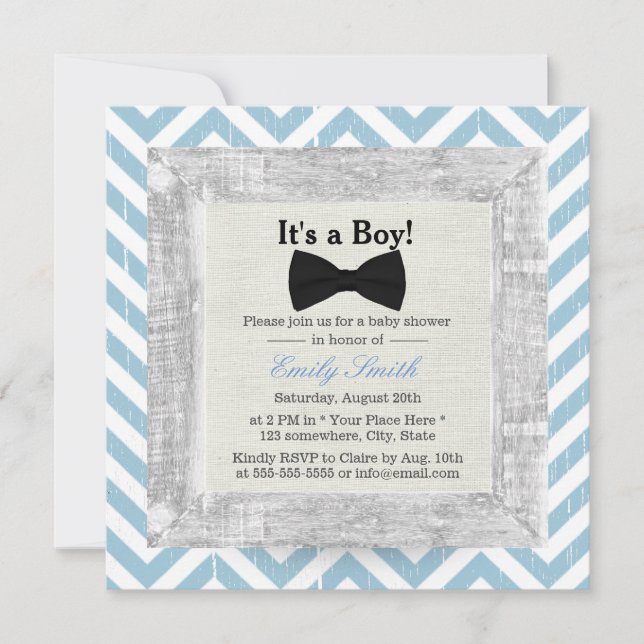 Invitación Blue Chevron Stripes Bow Tie Boy Baby Shower (Anverso)