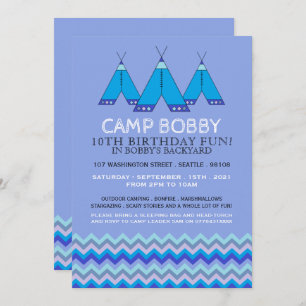Invitación Blue Chevron Tipi, cumpleaños de camping