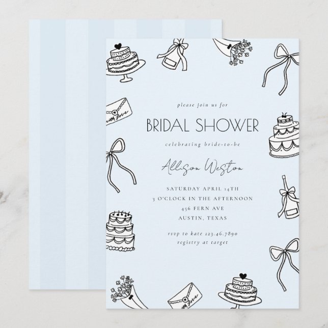 Invitación Blue Chic Bows Cakes and Champagne Bridal Shower (Anverso / Reverso)